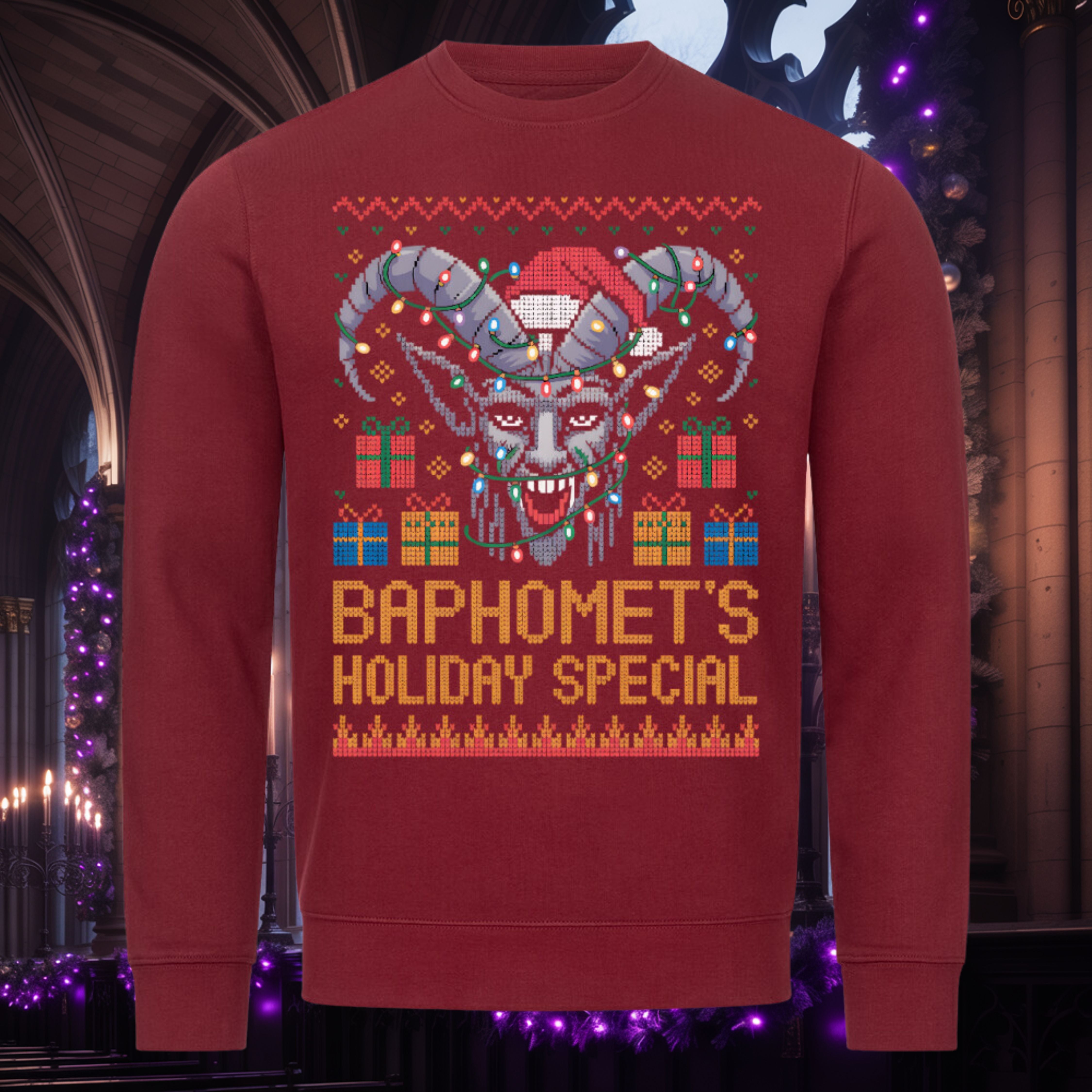 Baphomet’s Holiday Special Sweatshirt – Burgunder – Dark Shadows Arts, satanic gothic christmas sweater
