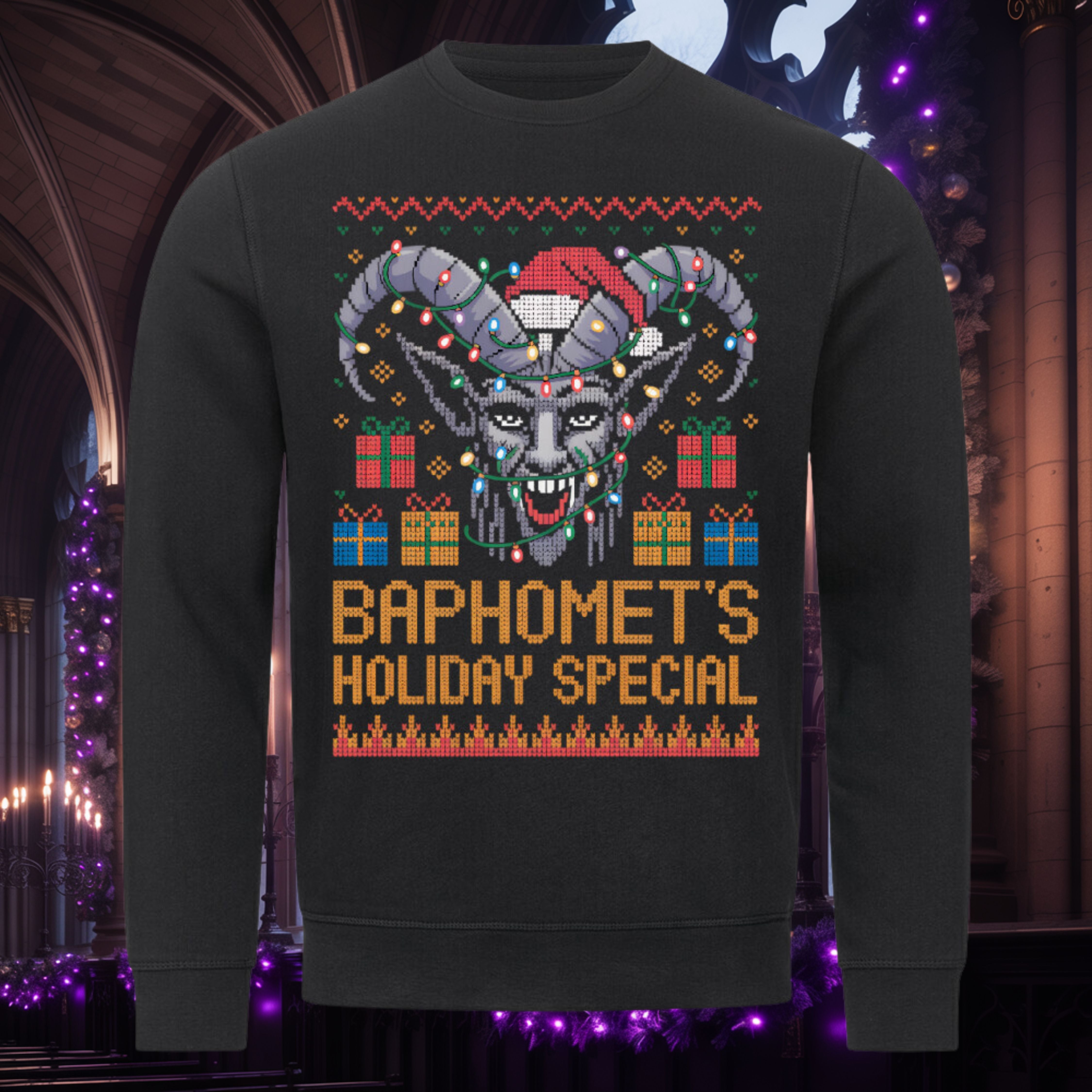 Baphomet’s Holiday Special Sweatshirt – Schwarz – Dark Shadows Arts, satanic gothic christmas sweater
