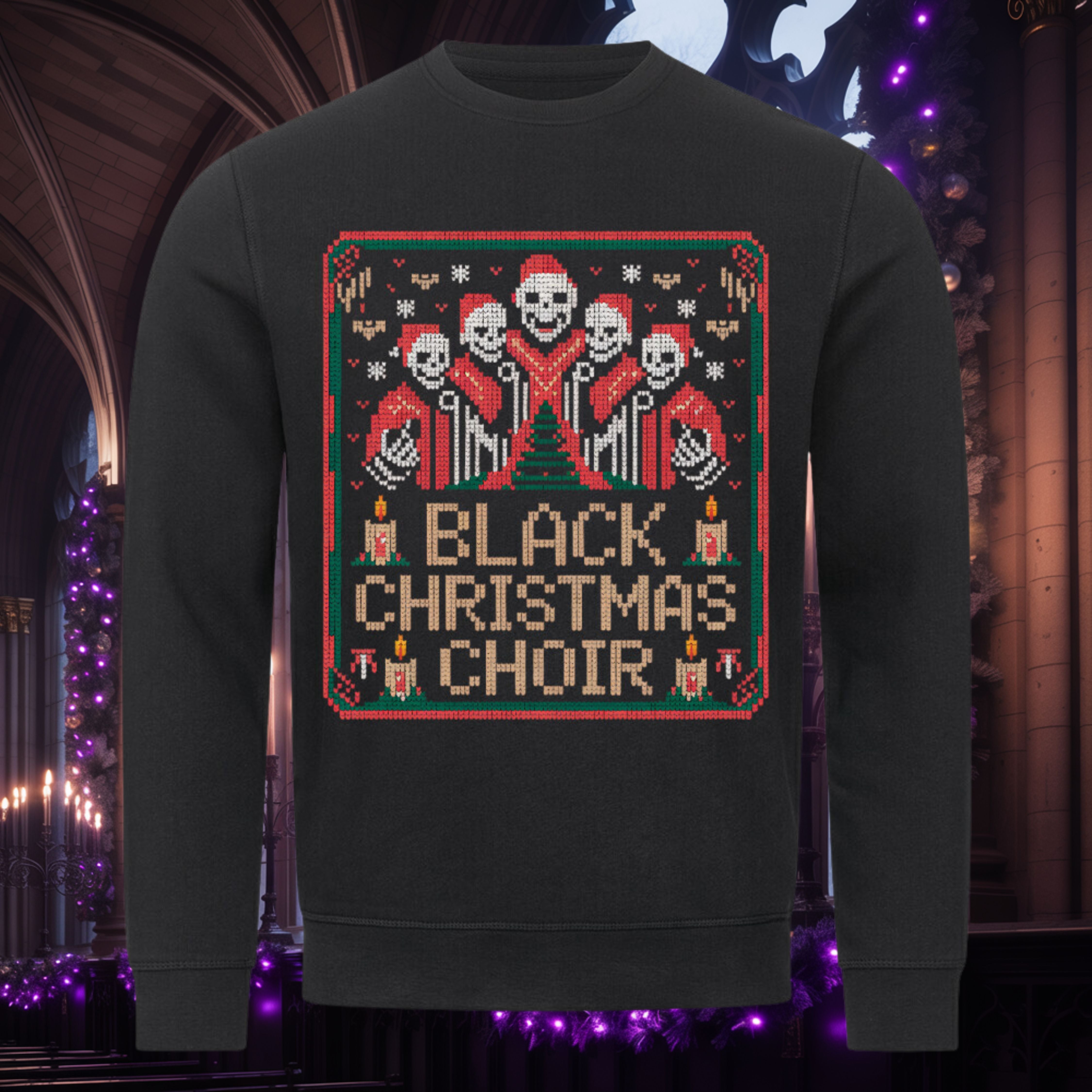 Black Christmas Choir Sweatshirt – Schwarz – Dark Shadows Arts, gothic christmas pullover mit skull chorus