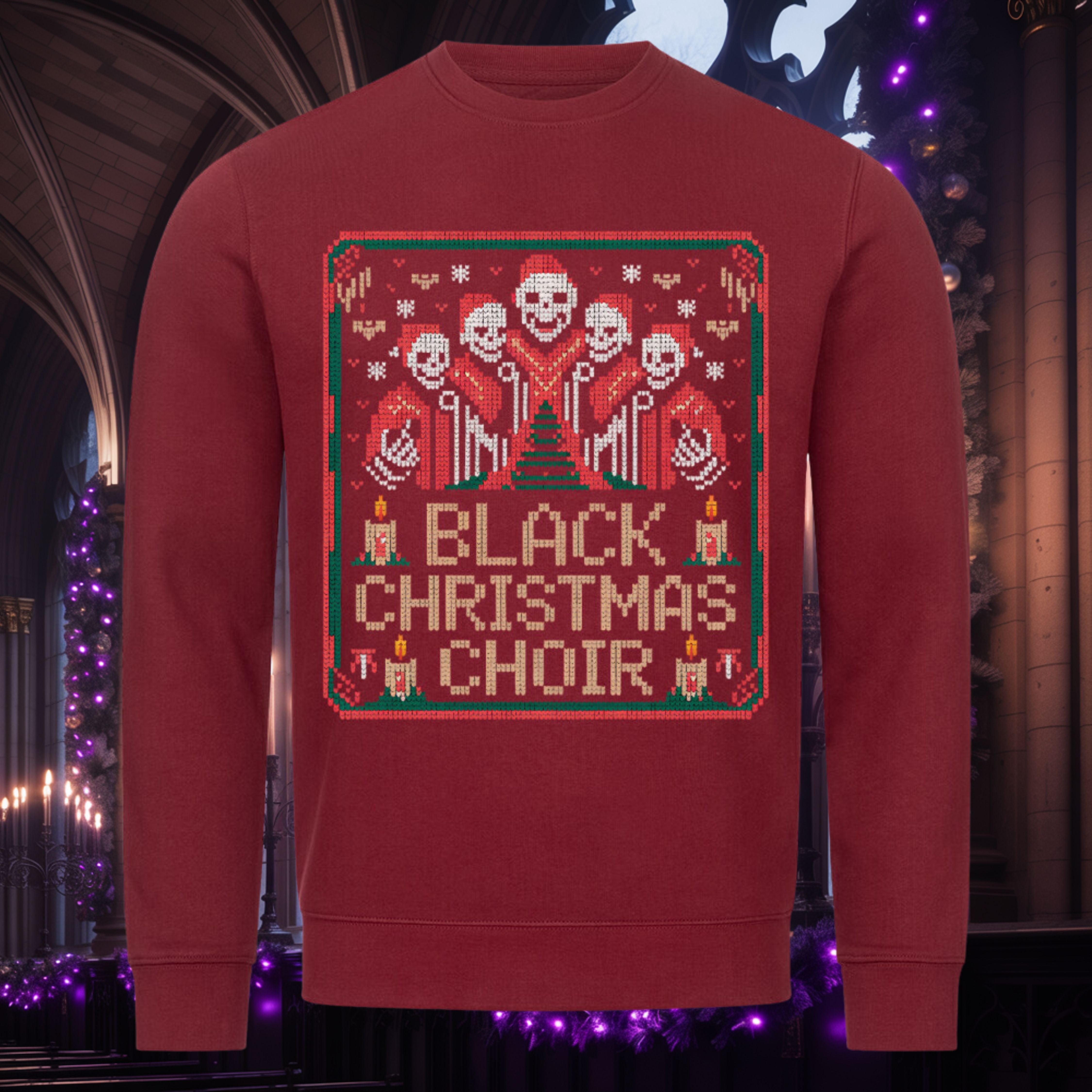 Black Christmas Choir Sweatshirt – Burgunder – Dark Shadows Arts, gothic christmas pullover mit skull chorus