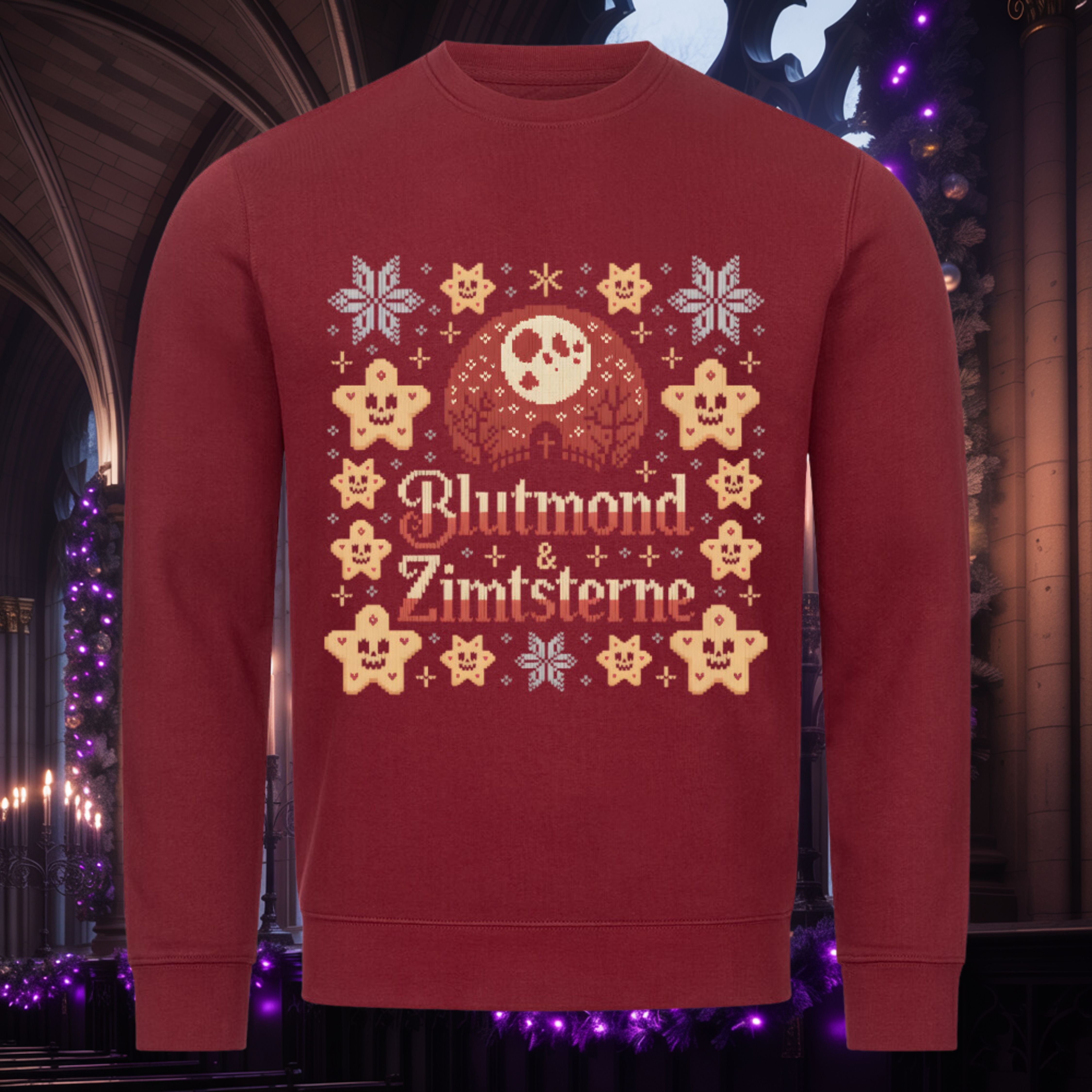 Blutmond & Zimtsterne Sweatshirt – Burgunder – Dark Shadows Arts, gothic christmas pullover