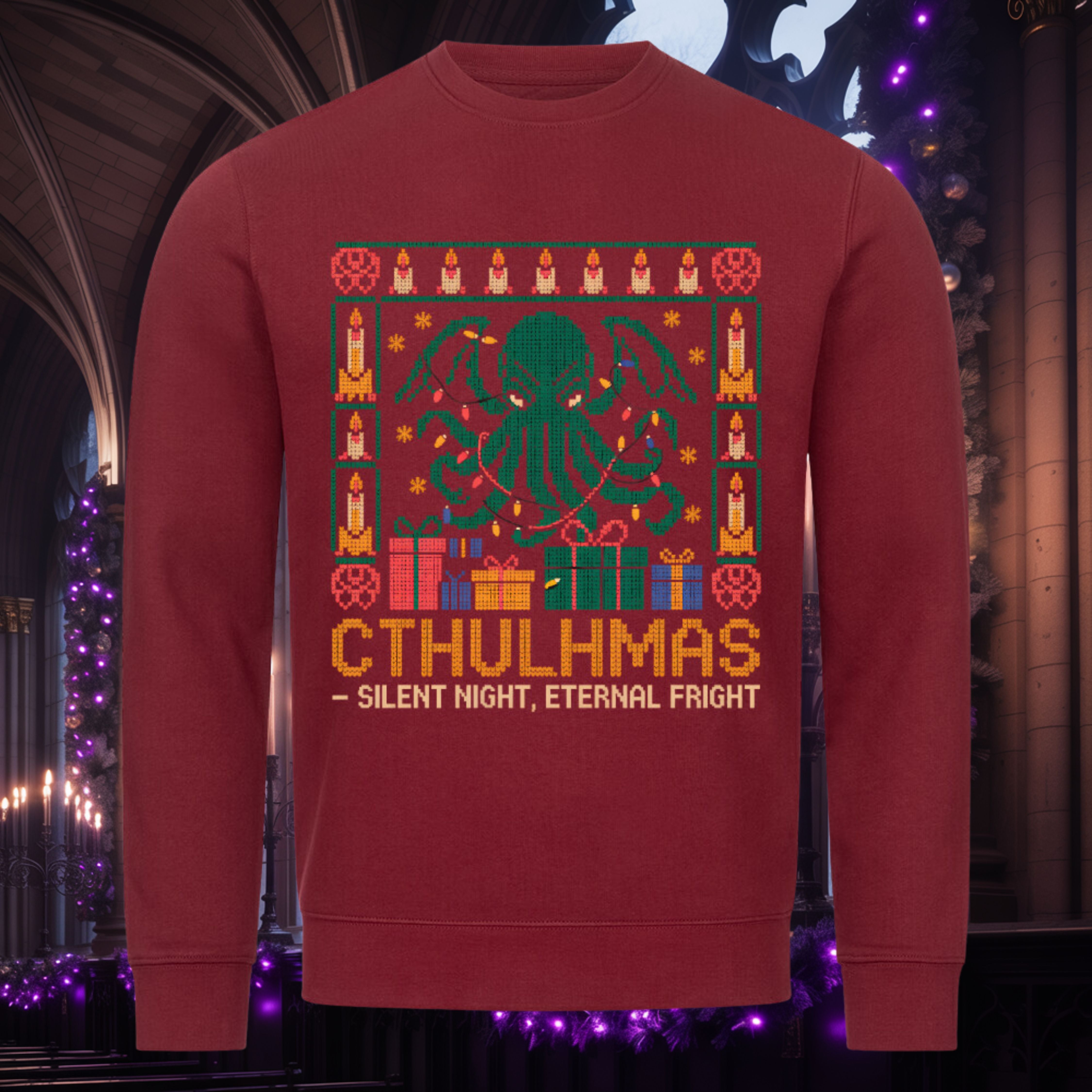 Cthulhmas Sweatshirt – Burgunder – Dark Shadows Arts, Lovecraft Gothic Christmas Pullover