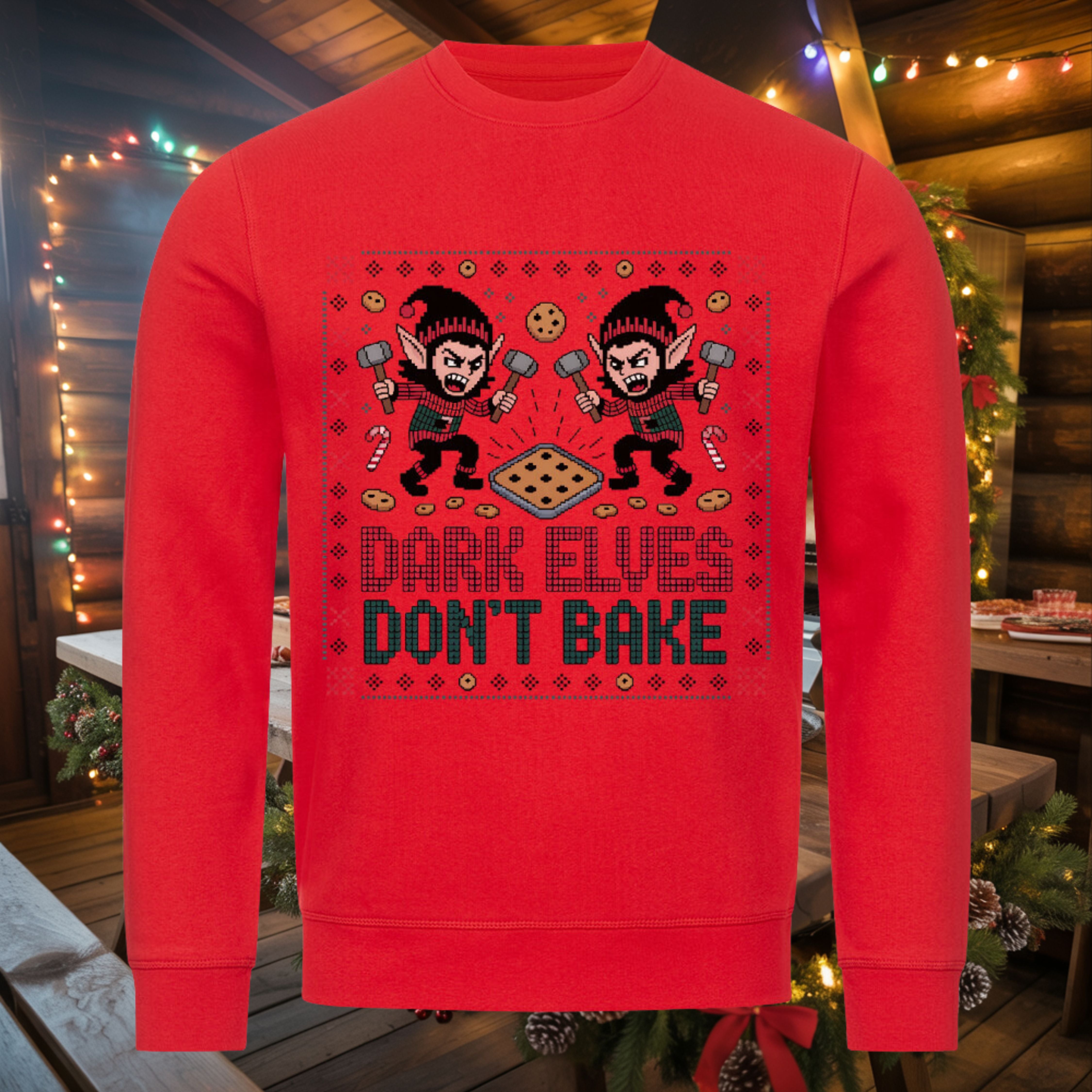 Dark Elves Don’t Bake Sweatshirt – Rot – Dark Shadows Arts, satirischer Ugly Christmas Pullover