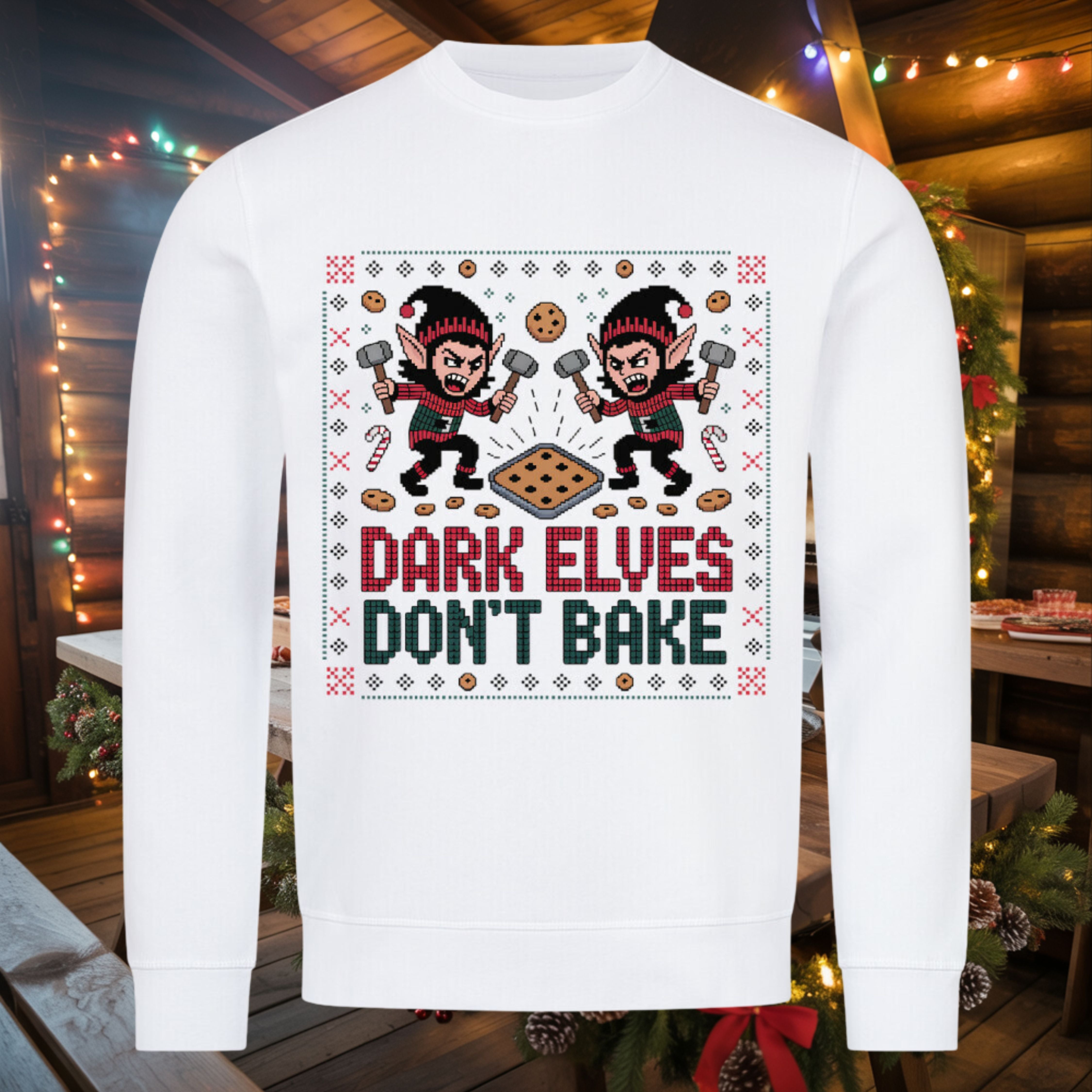Dark Elves Don’t Bake Sweatshirt – Weiß – Dark Shadows Arts, satirischer Ugly Christmas Pullover