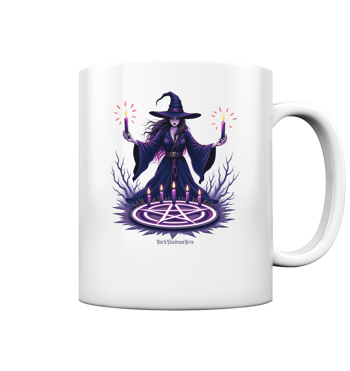 Hexen Illustration mit lila Kerzen und Pentagramm - Tasse glossy | Trinkgefäße | Dark Shadows Arts
