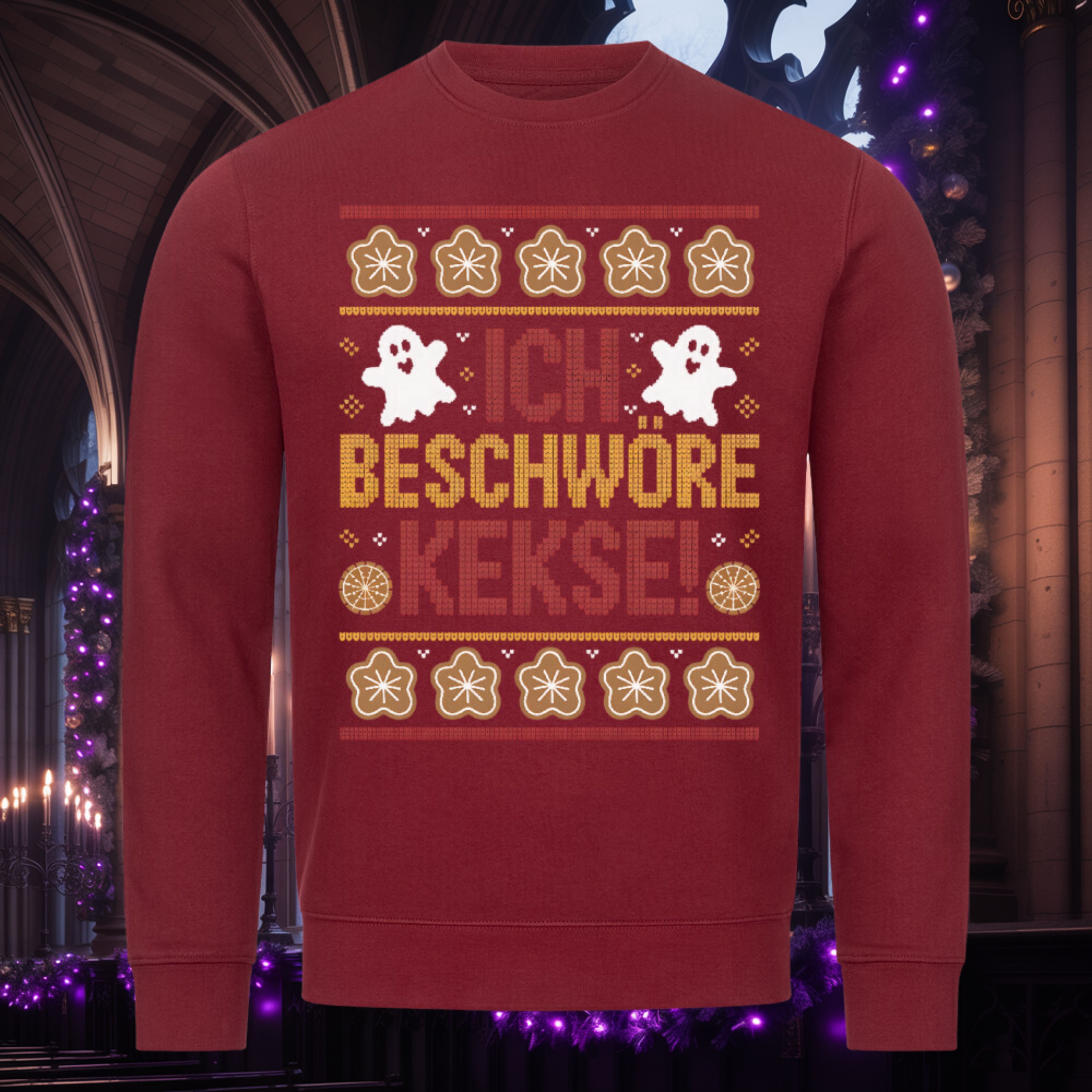 Ich beschwöre Kekse! Sweatshirt – Burgunder – Dark Shadows Arts, lustig-düsterer Weihnachtspullover