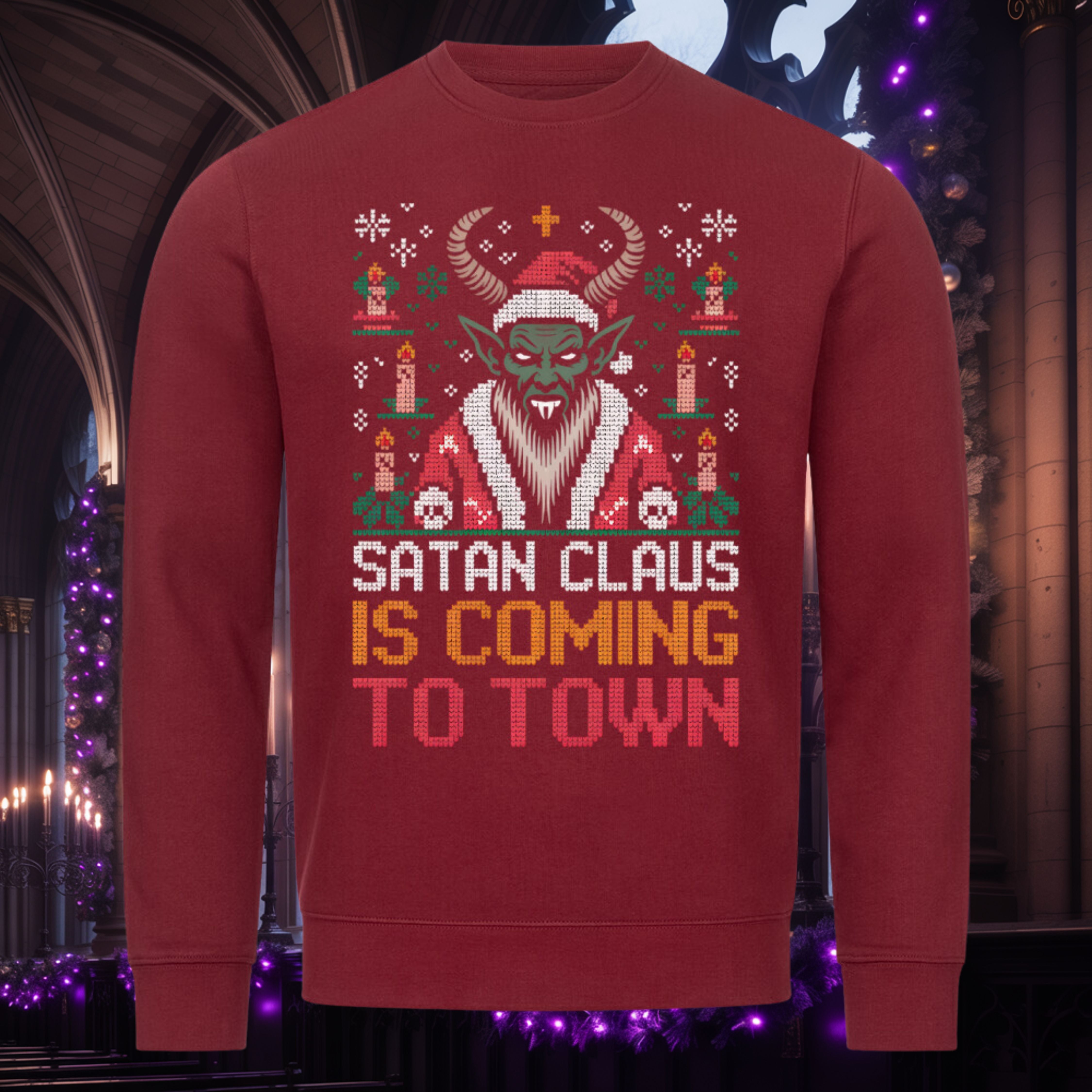 Satan Claus is coming to town Sweatshirt – Burgunder – Dark Shadows Arts, dämonisch-festlicher Weihnachtspullover