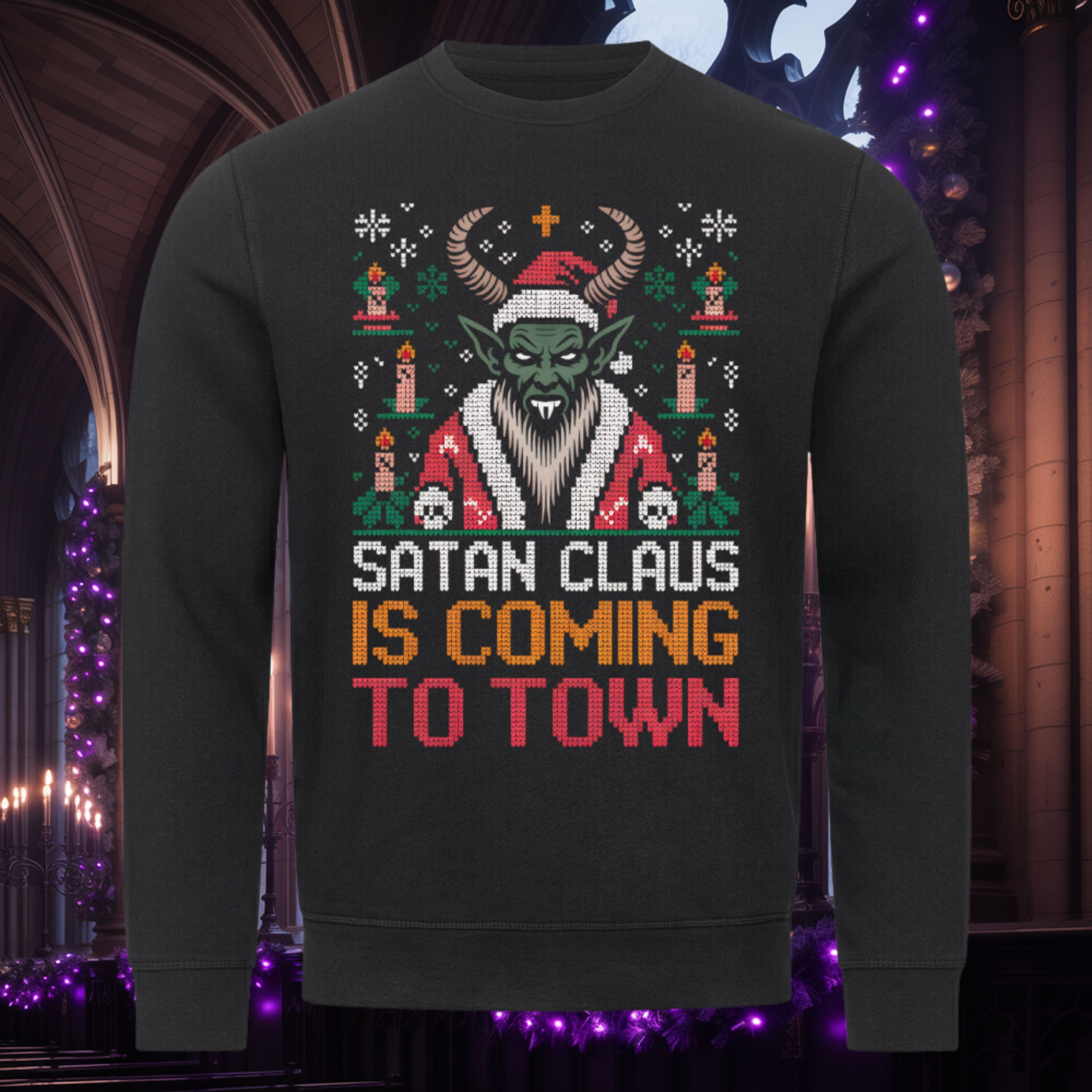 Satan Claus is coming to town Sweatshirt – Schwarz – Dark Shadows Arts, dämonisch-festlicher Weihnachtspullover