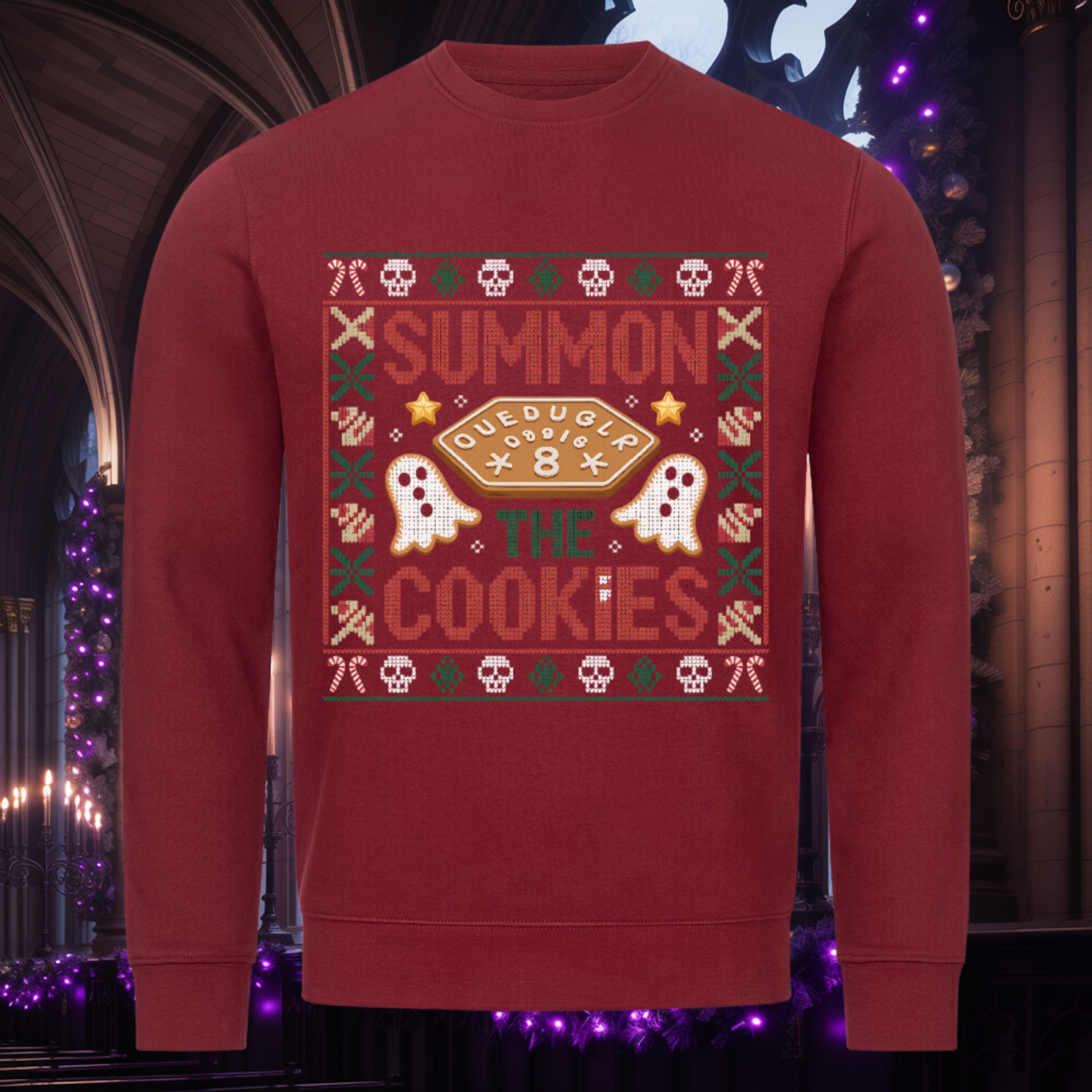 Summon the Cookies Sweatshirt – Burgunder – Dark Shadows Arts, Gothic Christmas Pullover with ghosts and cookies