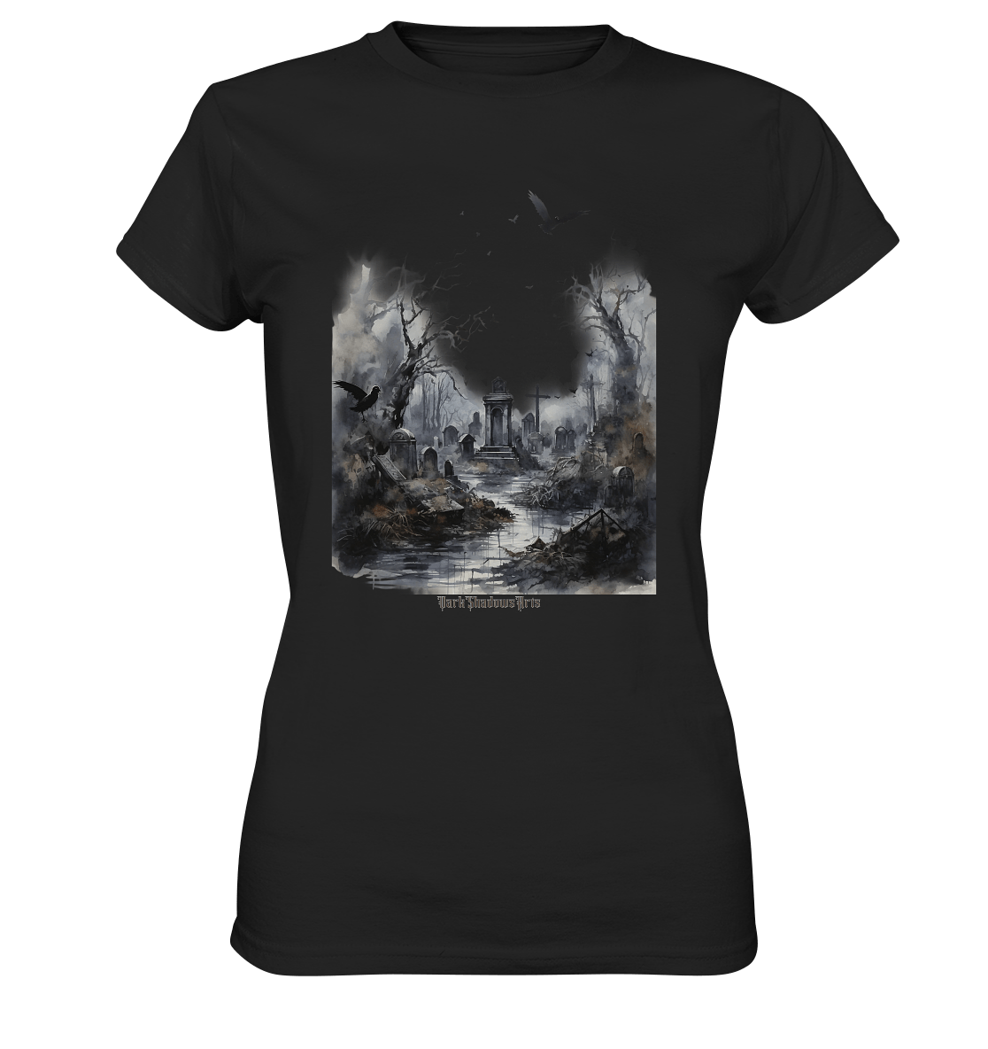 Unheimlicher Nebelfriedhof_ Düstere Aquarellkunst mit Krähen und kahlen Bäumen - Ladies Premium Shirt | Lady - Shirts | Dark Shadows Arts