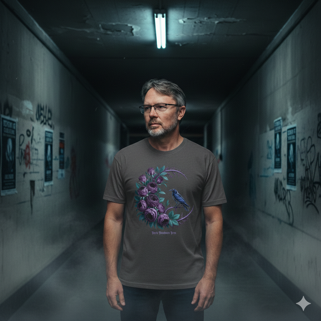 Mann mit Brille in einem dunklen Tunnel trägt ein schwarzes Oversized T-Shirt mit Rabe und lila Rosen