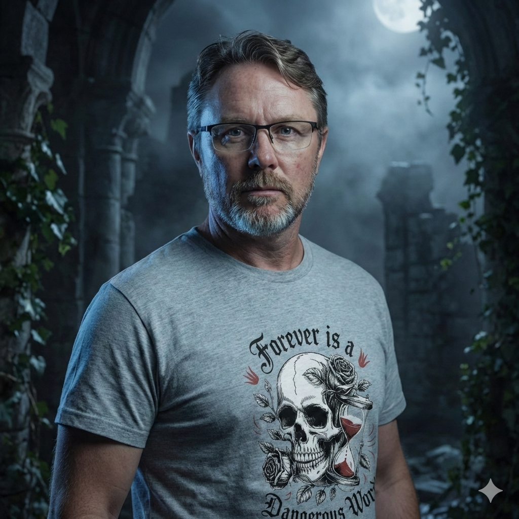 Mann mit Brille und Bart trägt graues Gothic-T-Shirt mit Totenkopf, Rosen und Sanduhr-Motiv, steht in nächtlichen Ruinen unter Mondlicht