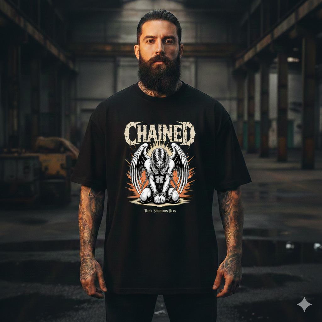 Frontansicht eines schwarzen Heavy Cotton Oversized Shirts mit dem „Chained“ Brustdruck (gefallener Engel und orangefarbene Aura).