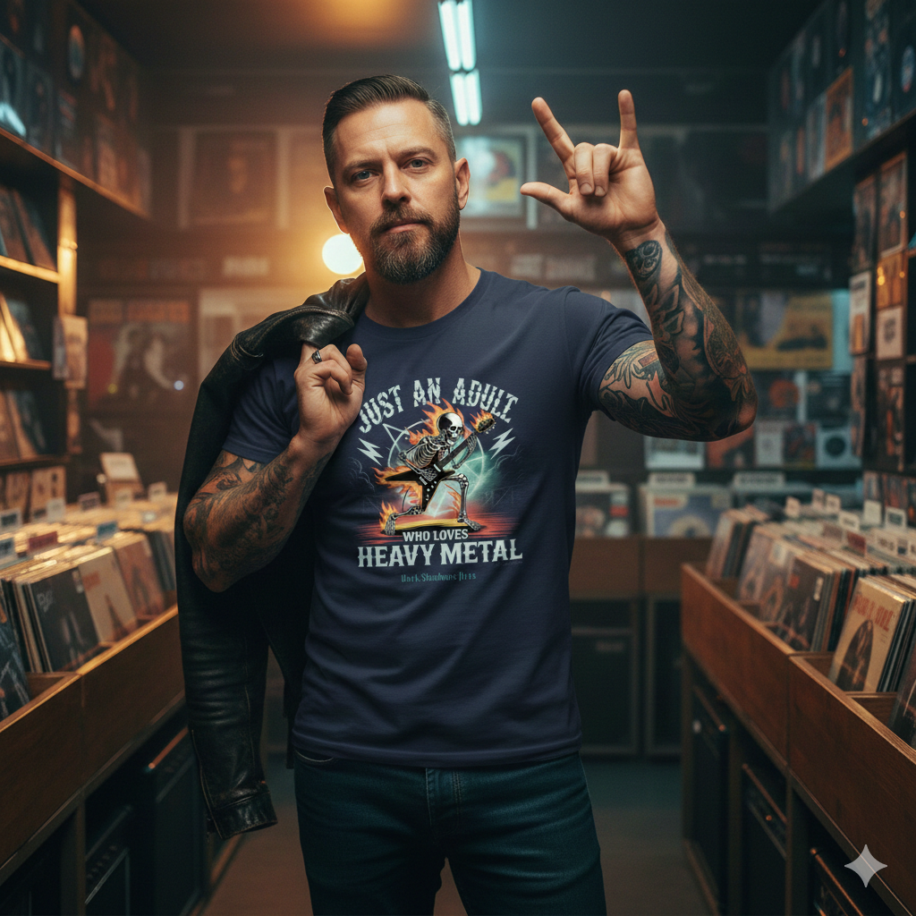 Frontansicht eines blauen T-Shirts mit dem Text „Just an Adult Who Loves Heavy Metal“ und einem Skelett-Gitarristen im Feuer.
