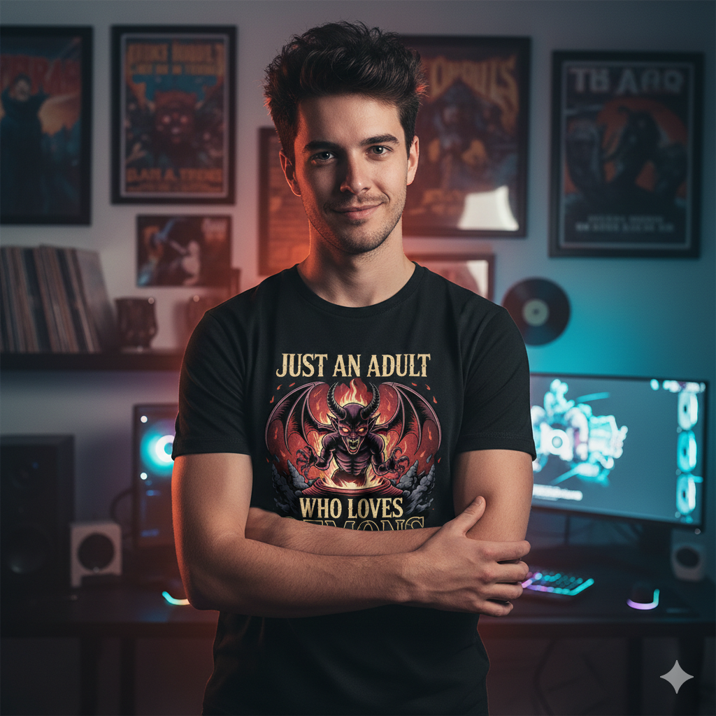Frontansicht eines schwarzen T-Shirts mit dem Text „Just an Adult Who Loves Demons“ und einem großen feurigen Dämonenmotiv