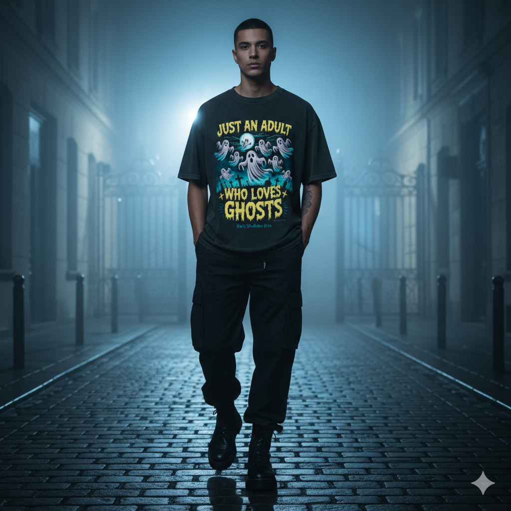 Frontansicht eines schwarzen 240 GSM Oversized Shirts mit nostalgischem Geister-Motiv und Friedhofs-Szene