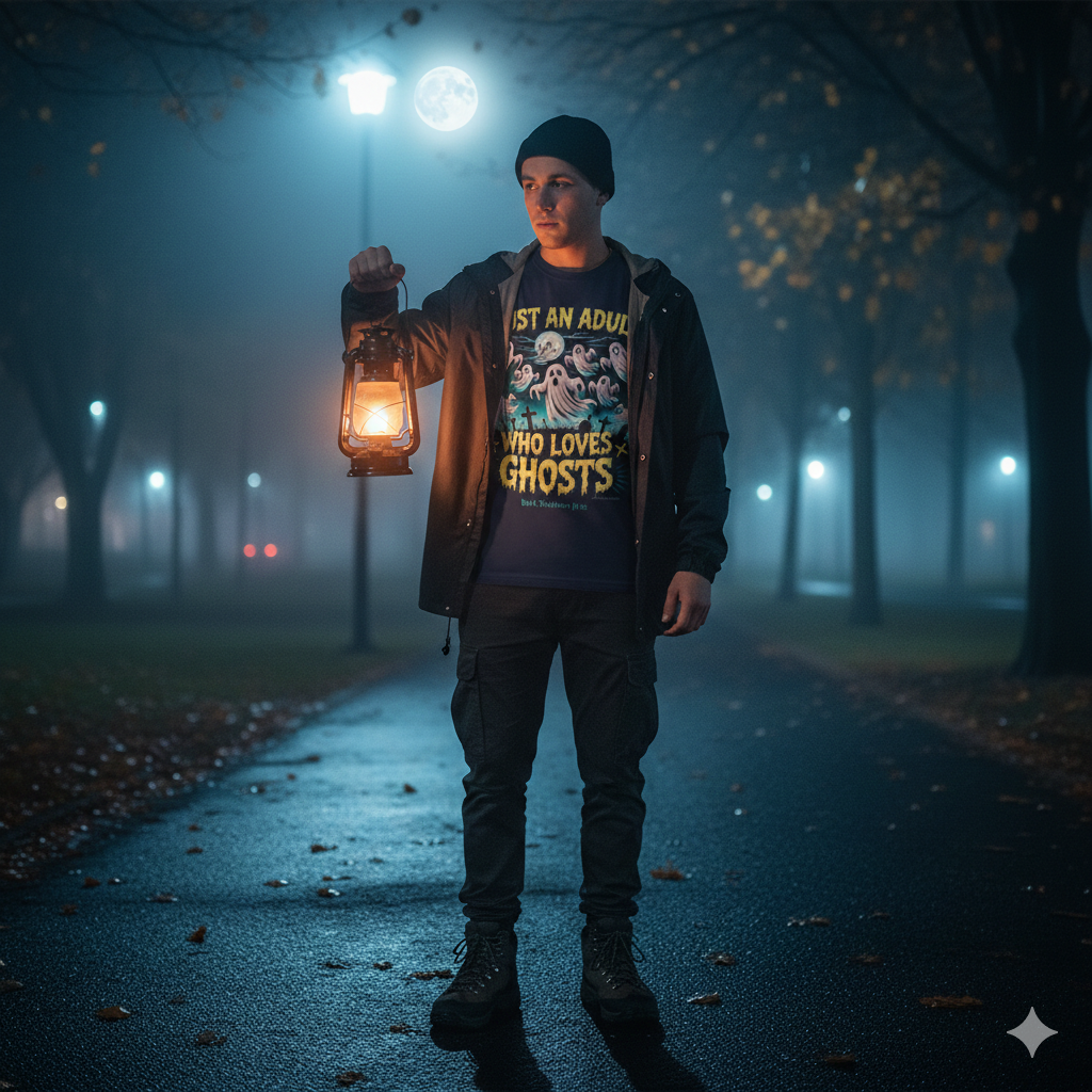 Frontansicht eines schwarzen T-Shirts mit dem Text „Just an Adult Who Loves Ghosts“ und einer Geister-Friedhof-Illustration.