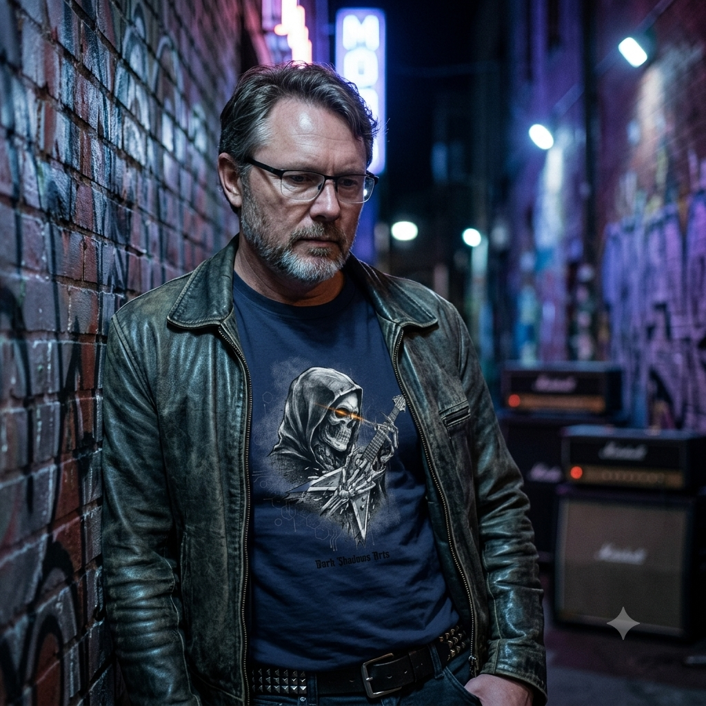 Mann im Dark Shadows Arts Skelett-Gitarren-T-Shirt in düsterer Gasse.
Bild-Caption: Die Welt wird still, wenn die Riffs laut werden. 🎸 #DarkShadowsArts #GothicRock #MusicVibe