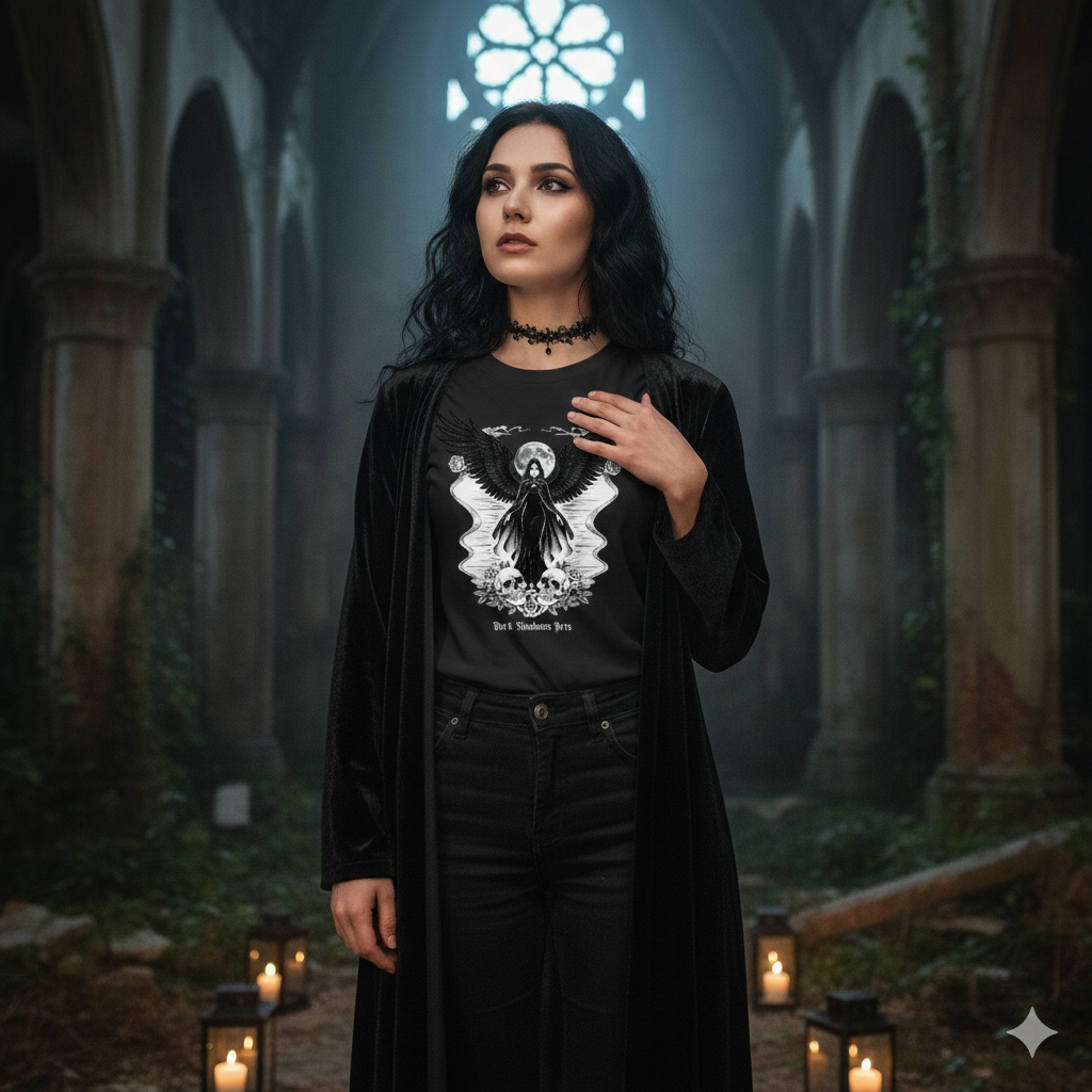 Ein romantisch gestyltes Goth-Model steht im Mondlicht einer Ruine und trägt das exklusive "Angel of Eternal Night" Premium Classix T-Shirt. Schwarze Romantik und Heritage Mode von Dark Shadows Arts