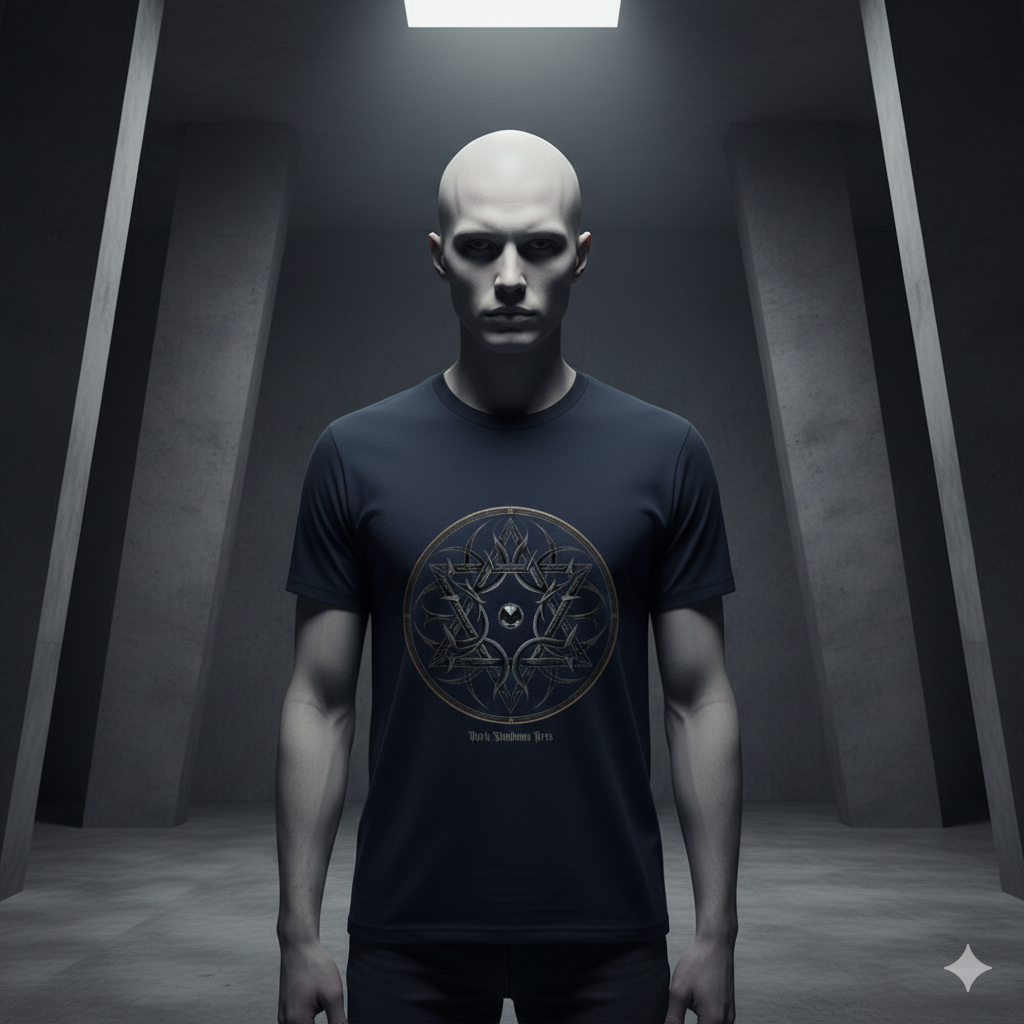 Navy T-Shirt mit zentralem, symmetrischem Dornen-Sigil und Kristallmotiv von Dark Shadows Arts