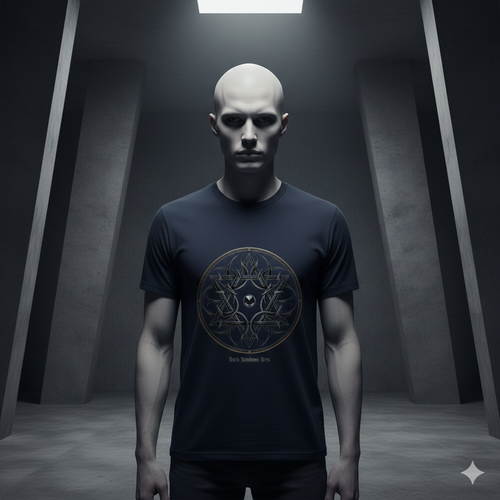 Navy T-Shirt mit zentralem, symmetrischem Dornen-Sigil und Kristallmotiv von Dark Shadows Arts