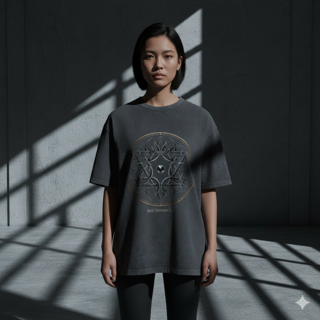 Dunkelgrau schweres Oversized T-Shirt mit großem, symmetrischem Dornen-Siegel und Kristallmotiv von Dark Shadows Arts