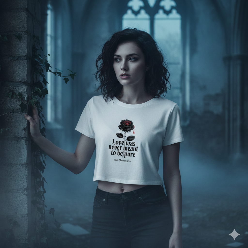Eine junge Frau trägt ein Crop Top mit schwarzer Rose und "Love Was Never Meant to Be Pure" in einer düsteren Halle. Bild-Caption: Manchmal ist die wahre Schönheit der Liebe in ihren Schatten verborgen