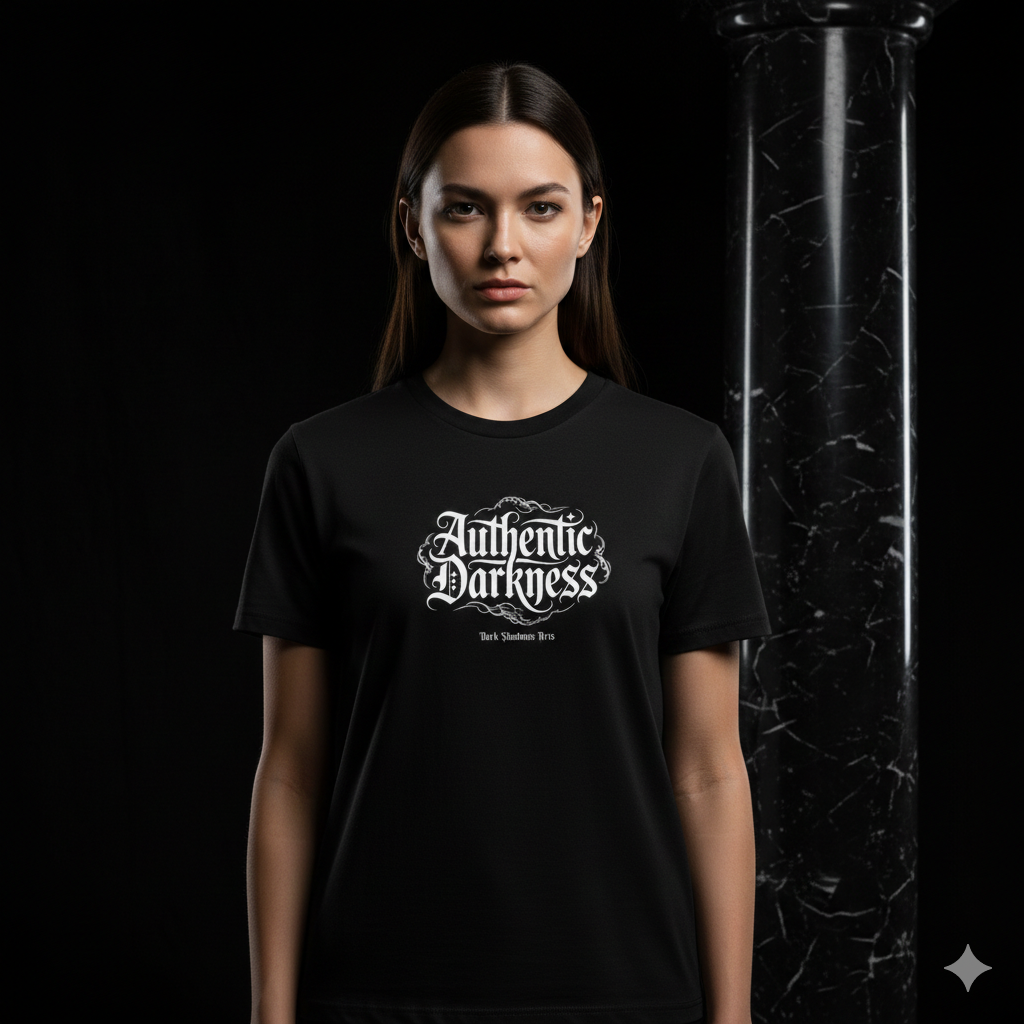 Schwarzes T-Shirt mit weißem Blackletter-Schriftzug Authentic Darkness und feinen Ornamenten von Dark Shadows Arts