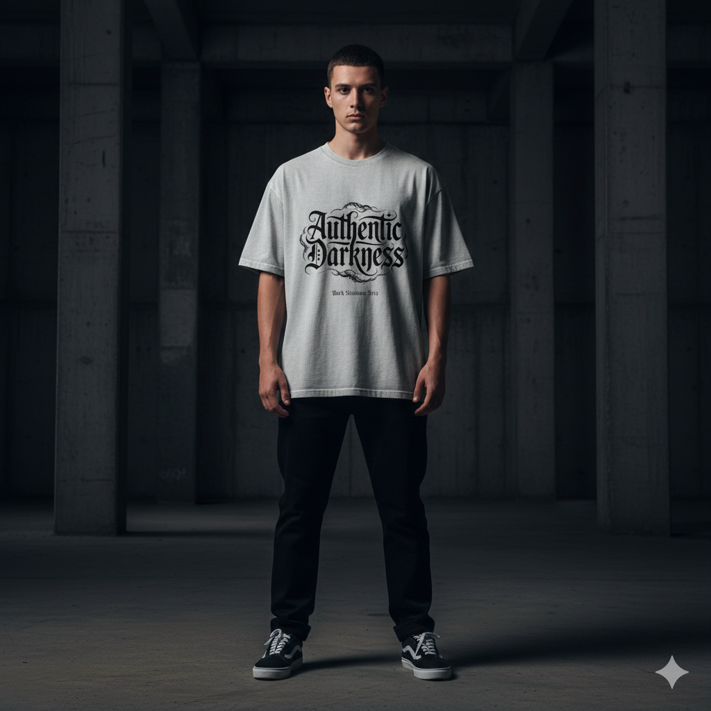 Schwarzes schweres Oversized T-Shirt mit großem weißen Schriftzug Authentic Darkness von Dark Shadows Arts