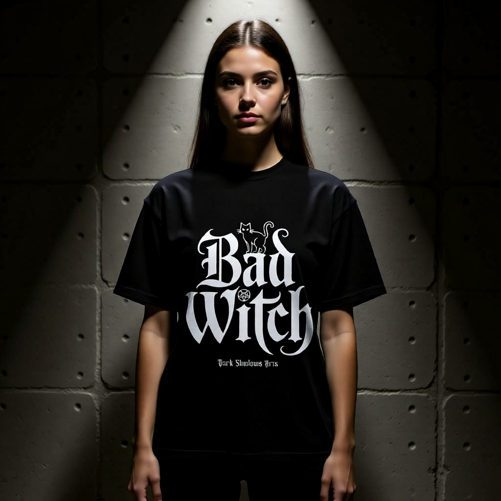 Frontansicht eines massiven schwarzen Oversized Shirts mit weißem „Bad Witch“ Gothic-Schriftzug und Pentagramm-Detail.