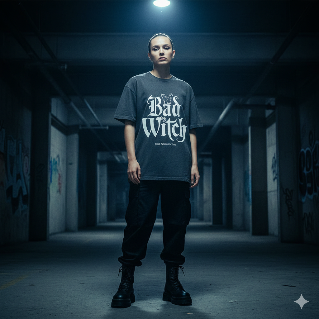 Frontansicht eines massiven grauen Oversized Shirts mit weißem „Bad Witch“ Gothic-Schriftzug und Pentagramm-Detail.