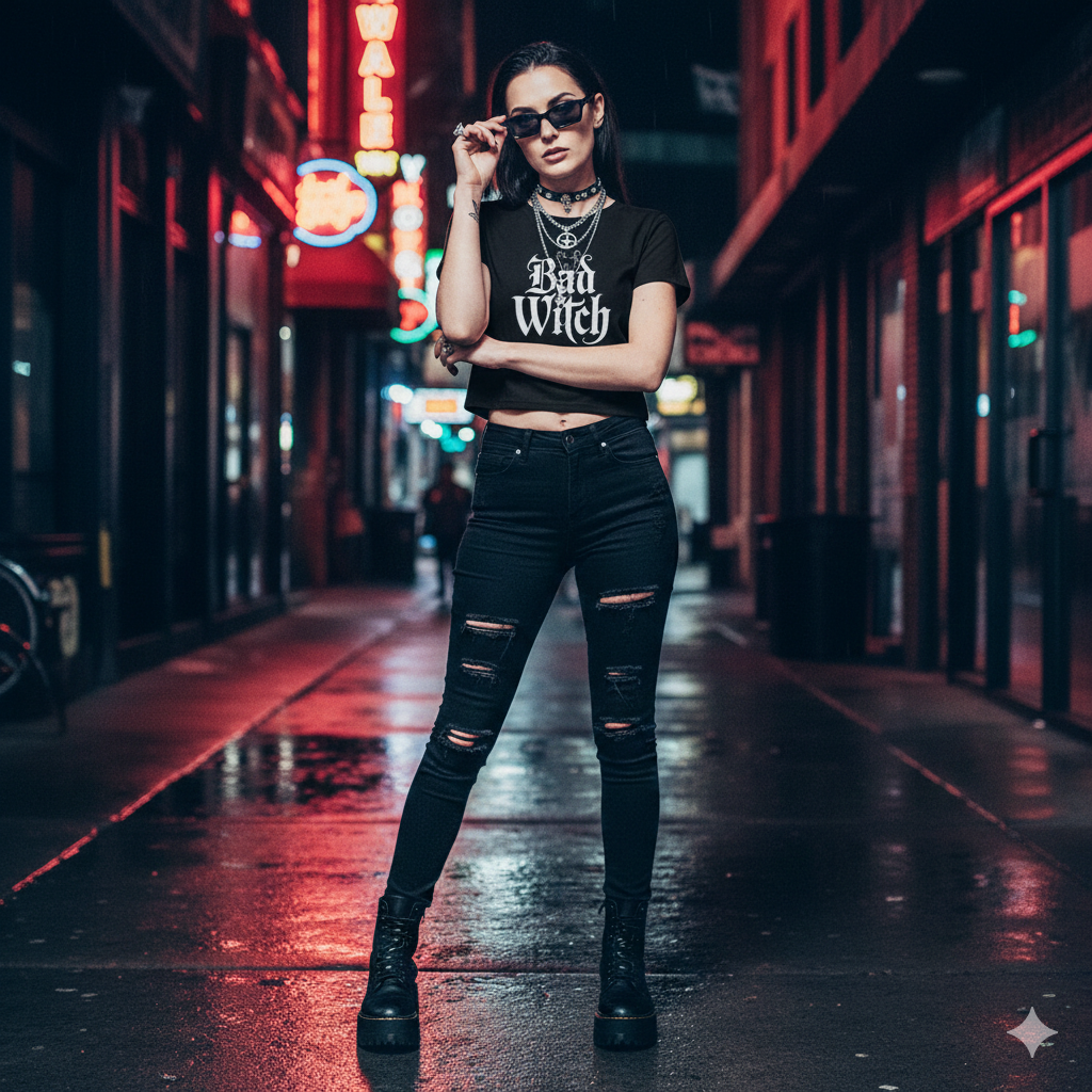 Frontansicht eines schwarzen Ladies Cropped Tees mit dem weißen „Bad Witch“ Gothic-Aufdruck auf 180 GSM Jersey