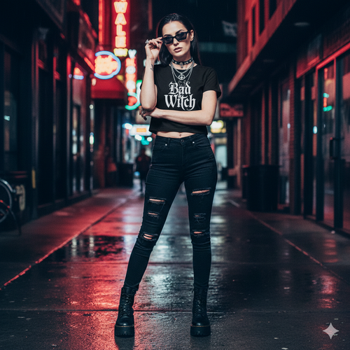 Frontansicht eines schwarzen Ladies Cropped Tees mit dem weißen „Bad Witch“ Gothic-Aufdruck auf 180 GSM Jersey