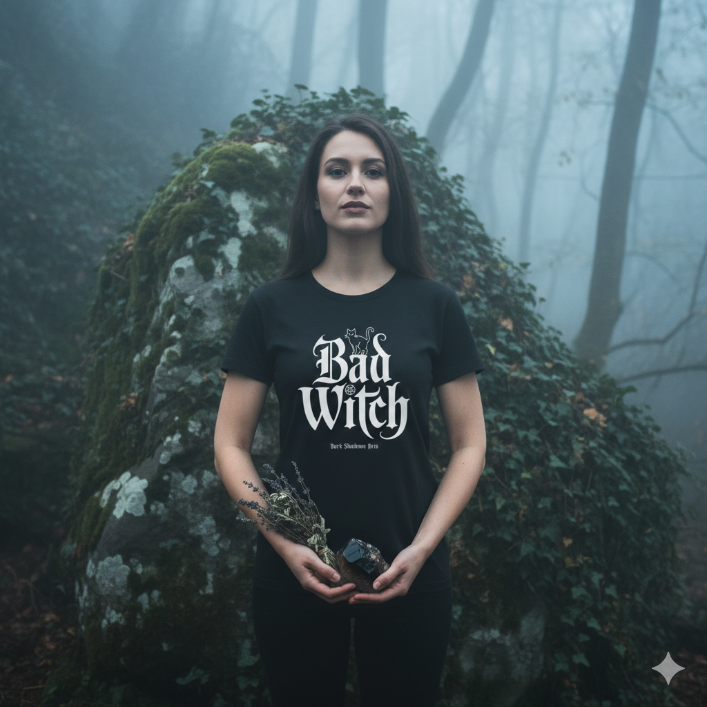 Frontansicht eines schwarzen Bio-Baumwoll-Shirts für Damen mit dem „Bad Witch“ Gothic-Aufdruck.