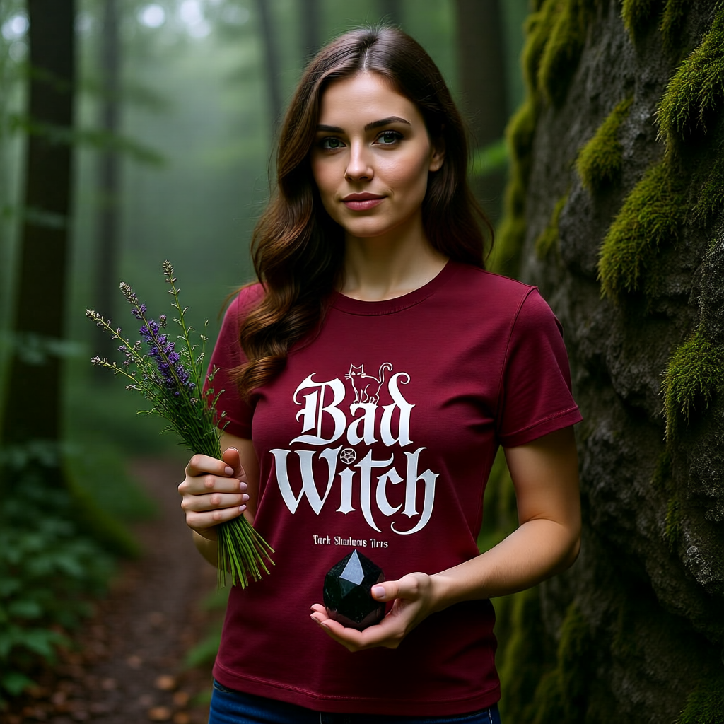 Frontansicht eines roten Bio-Baumwoll-Shirts für Damen mit dem „Bad Witch“ Gothic-Aufdruck.