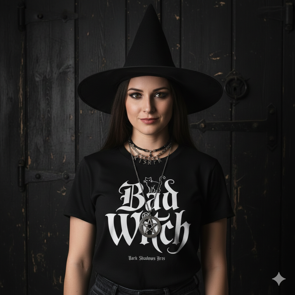 Frontansicht eines schwarzen T-Shirts mit dem weißen Gothic-Schriftzug „Bad Witch“, einer Katze und einem Pentagramm.