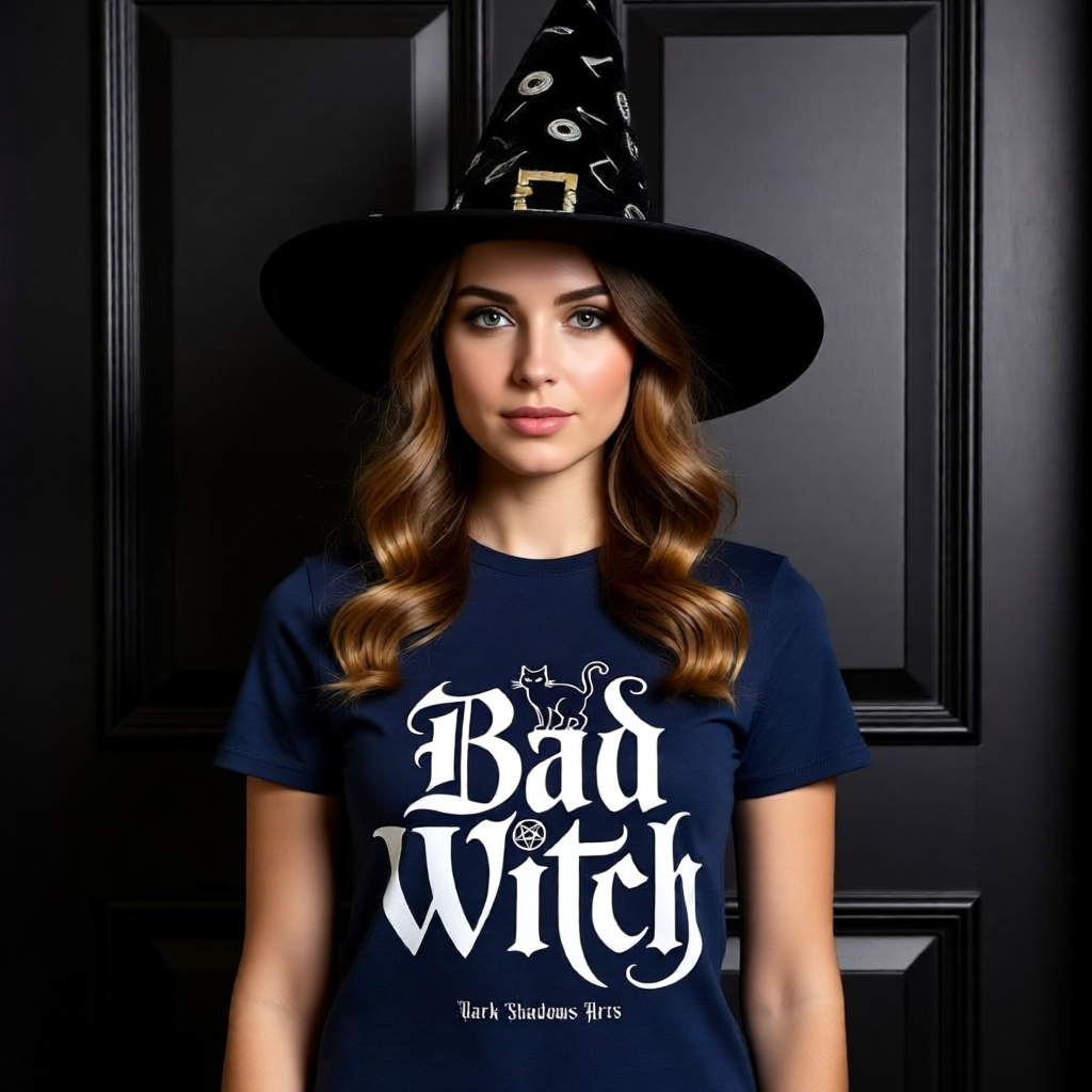 Frontansicht eines blauen T-Shirts mit dem weißen Gothic-Schriftzug „Bad Witch“, einer Katze und einem Pentagramm.