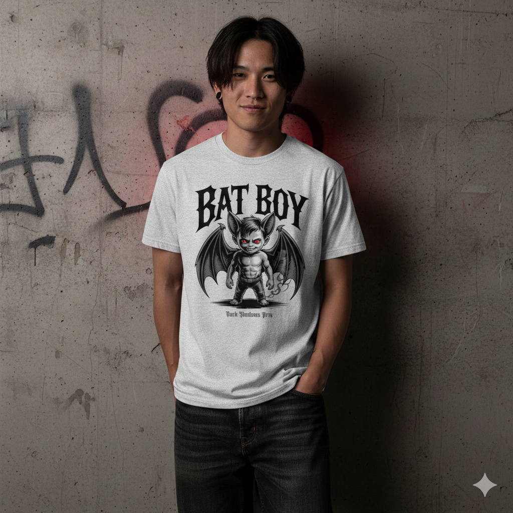 Frontansicht eines schwarzen T-Shirts mit dem „Bat Boy“ Motiv: Ein kleiner Dämon mit Flügeln und leuchtend roten Augen.