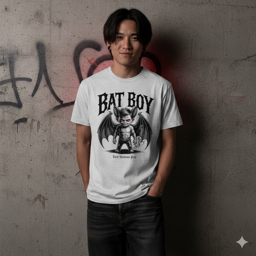 Frontansicht eines schwarzen T-Shirts mit dem „Bat Boy“ Motiv: Ein kleiner Dämon mit Flügeln und leuchtend roten Augen.