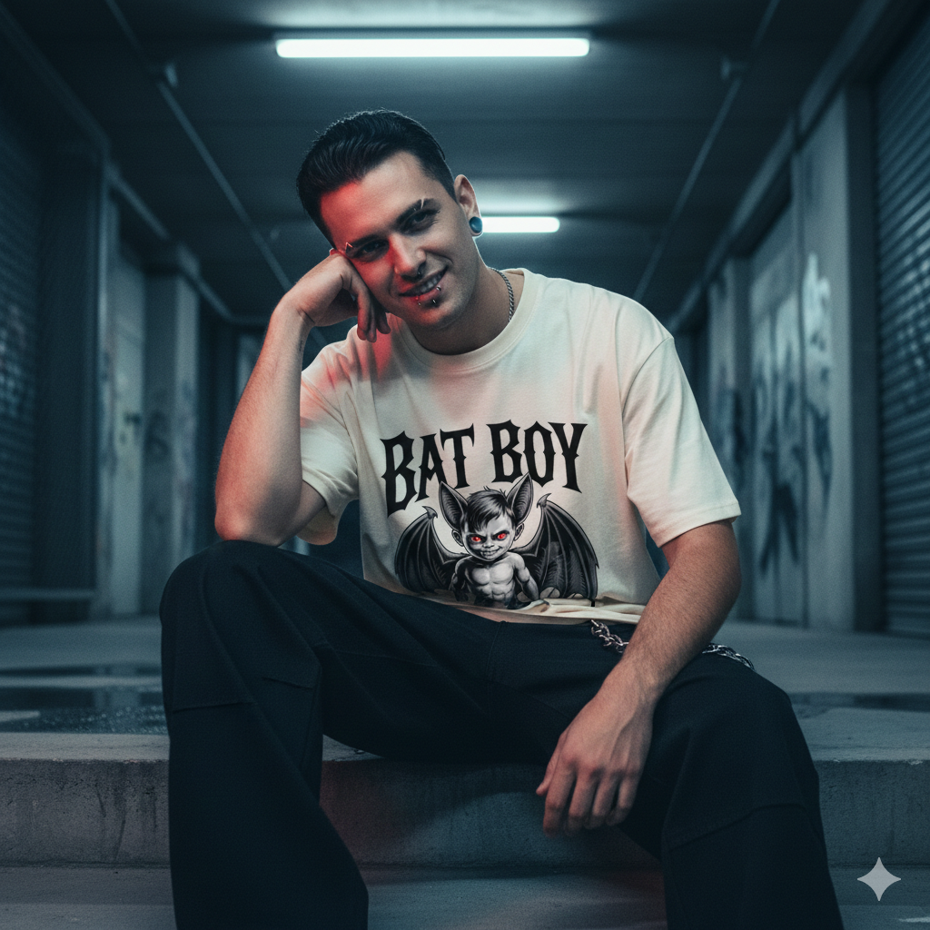 Frontansicht eines schwarzen 240 GSM Oversized Shirts mit dem „Bat Boy“ Charakter-Brustdruck und leuchtend roten Augen.