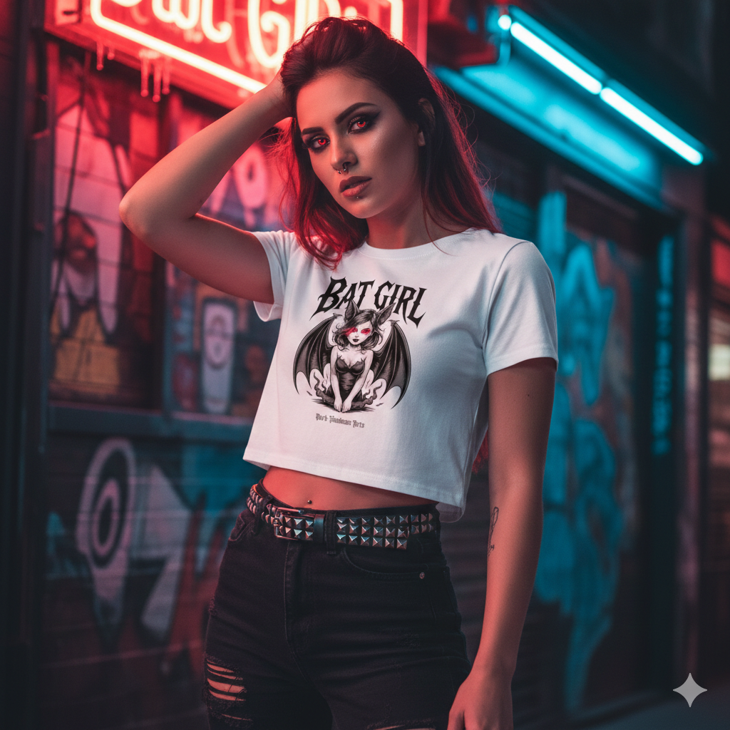 Frontansicht eines schwarzen Ladies Cropped Tees mit dem „Bat Girl“ Motiv und rot leuchtenden Augen auf 180 GSM Single Jersey.