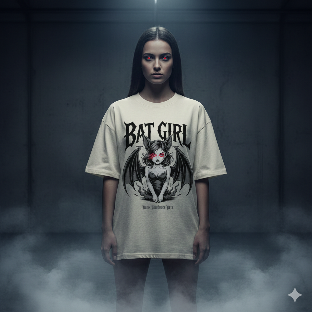 Frontansicht eines schwarzen 240 GSM Oversized Shirts mit dem „Bat Girl“ Motiv: Feminine Gothic-Figur mit Flügeln und rot leuchtenden Augen.