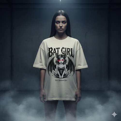 Frontansicht eines schwarzen 240 GSM Oversized Shirts mit dem „Bat Girl“ Motiv: Feminine Gothic-Figur mit Flügeln und rot leuchtenden Augen.