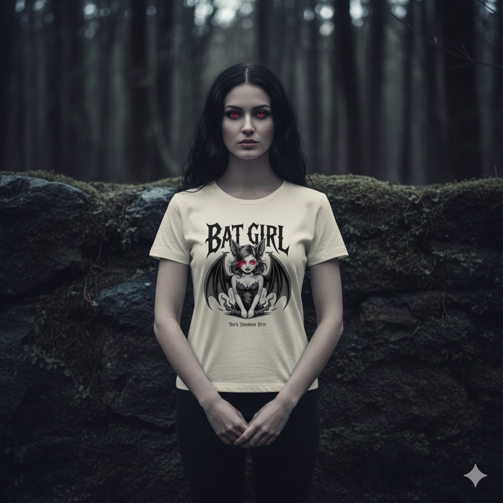 Frontansicht eines schwarzen Bio-Baumwoll-Shirts für Damen mit dem Bat-Girl-Motiv und rot leuchtenden Augen.