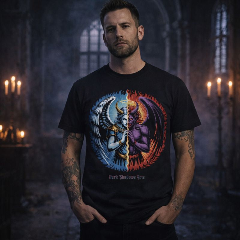 Dark Shadows Arts Premium Classix T-Shirt „Between Heaven and Hell“ mit Engel-und-Dämon-Motiv im Dark Romantic Gothic Stil