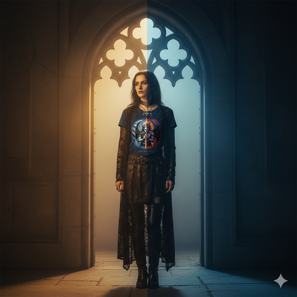 Ein nachdenkliches Goth-Model steht in geteiltem Licht zwischen Schatten und Helligkeit und trägt das "Between Heaven and Hell" Premium Classix T-Shirt. Schwarze Romantik und Heritage Mode von Dark Shadows Arts