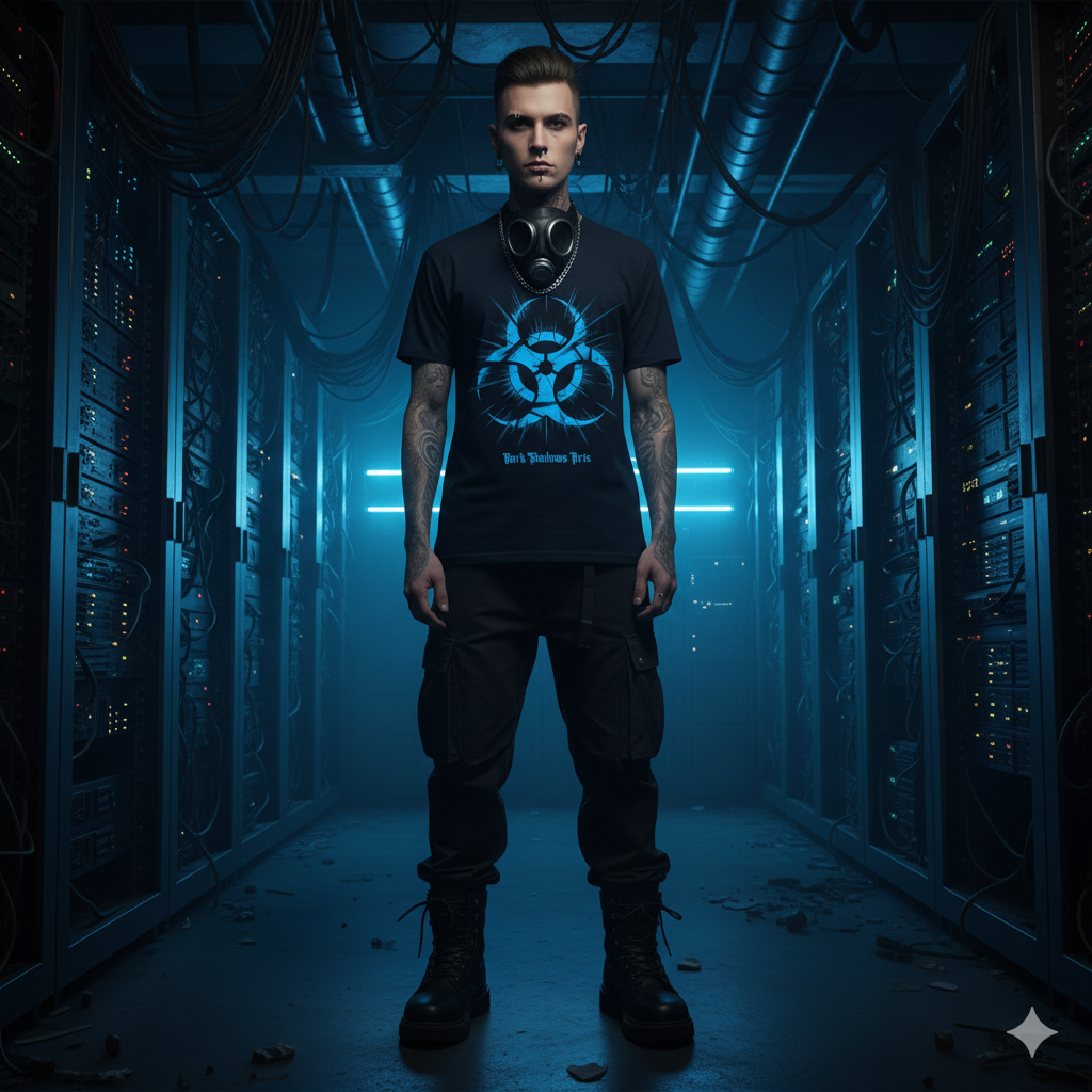 Schwarzes T-Shirt mit explodierendem Biohazard-Symbol in eiskaltem Blau von Dark Shadows Arts