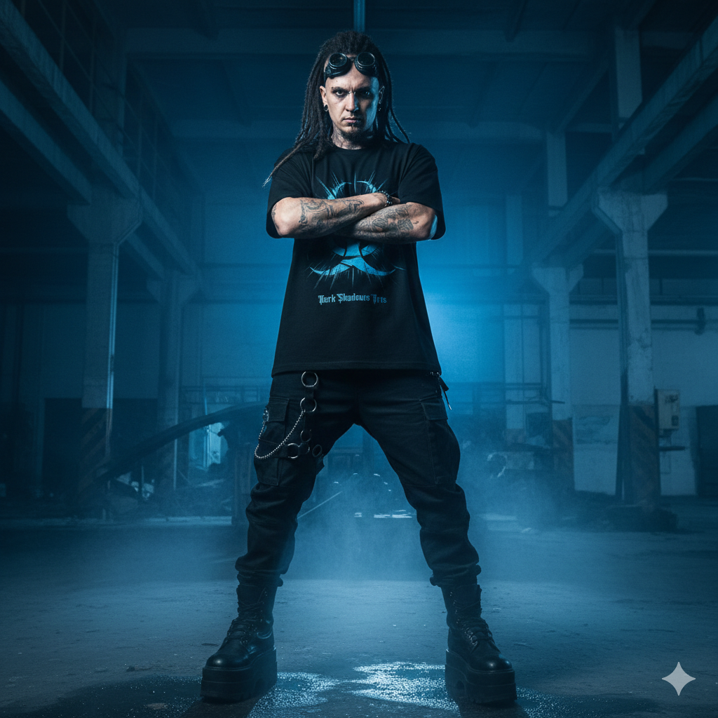 Schwarzes schweres Oversized T-Shirt mit großem, explodierendem Biohazard-Symbol in Neonblau von Dark Shadows Arts