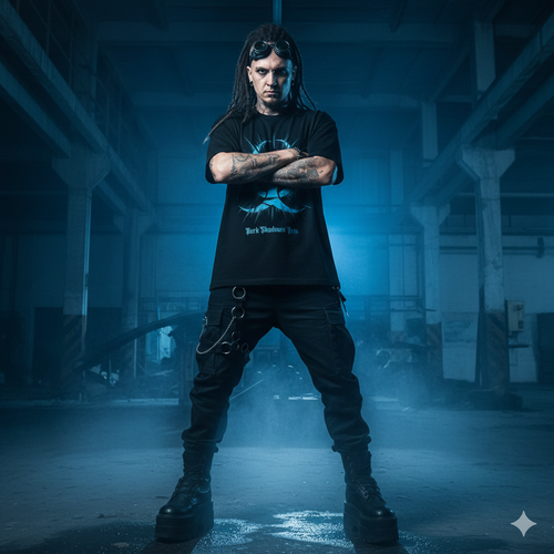 Schwarzes schweres Oversized T-Shirt mit großem, explodierendem Biohazard-Symbol in Neonblau von Dark Shadows Arts