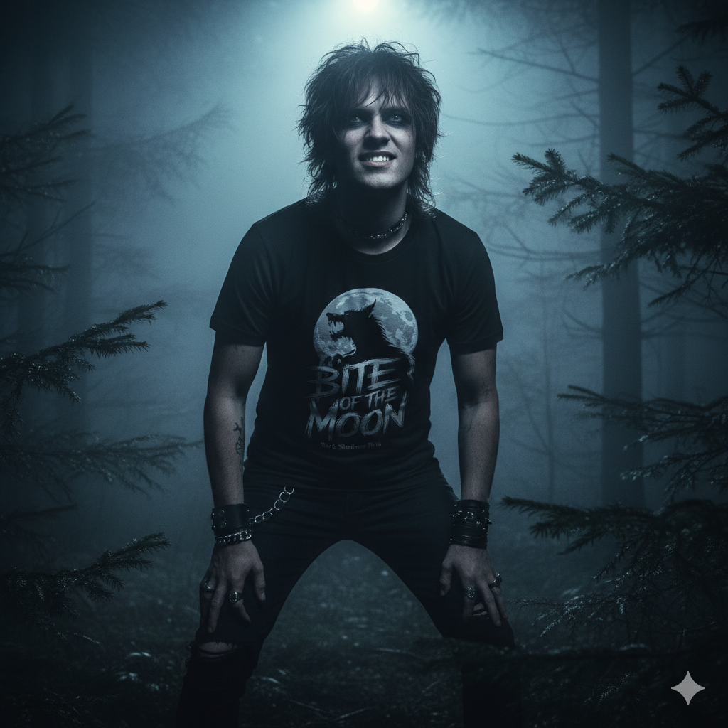 Ein wild gestyltes Model im nebligen Wald bei Mondschein trägt das schwarze "Bite of the Moon" Premium Classix T-Shirt mit Werwolf-Motiv. Exklusive Horror Gothic Mode von Dark Shadows Arts